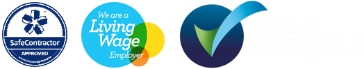Batch of badges indicating certifications: SafeContractor Approved, Living Wage Employer, and Cyber Essentials logos.